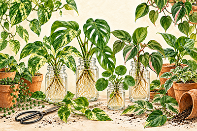 Rooted plant cuttings in glass jars surrounded by green foliage and terracotta pots.